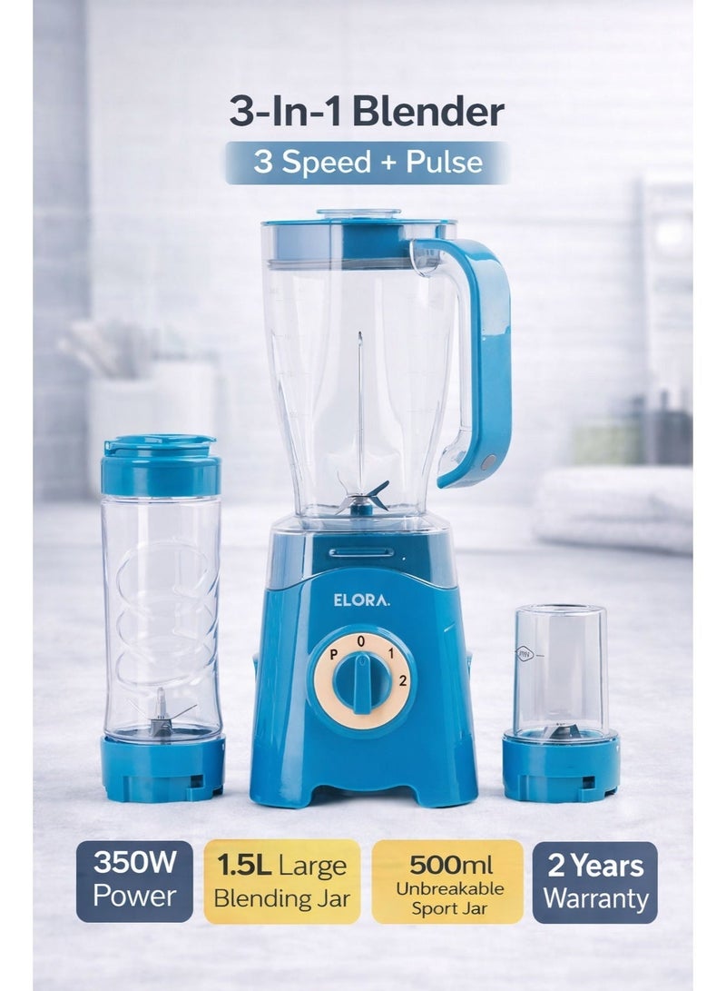 Elora 3-In-1 Blender | EL-BL-3213 | 350W | 3 Speed + Pulse | 1.5L Jar | 500ml Sport Jar - Image 1